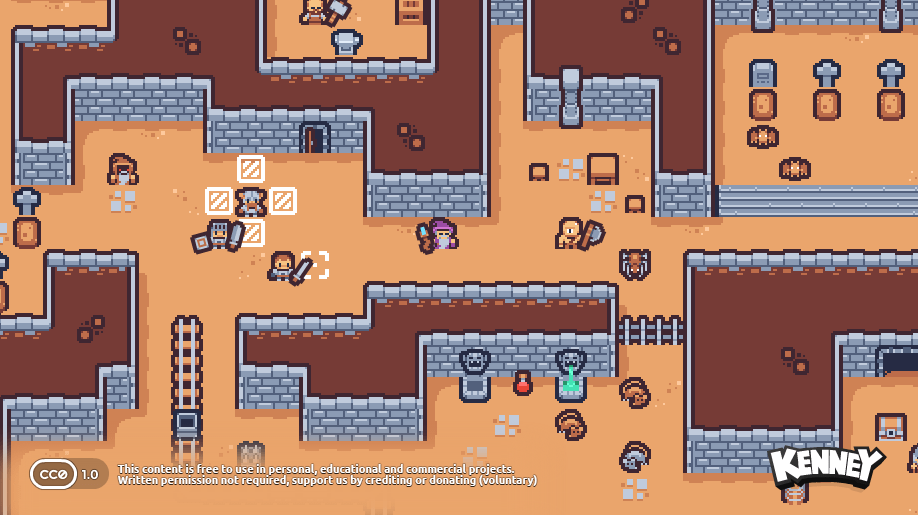A pixel art game scene with characters, tiles and props