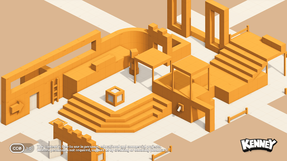 An isometric game environment with modular architectural shapes